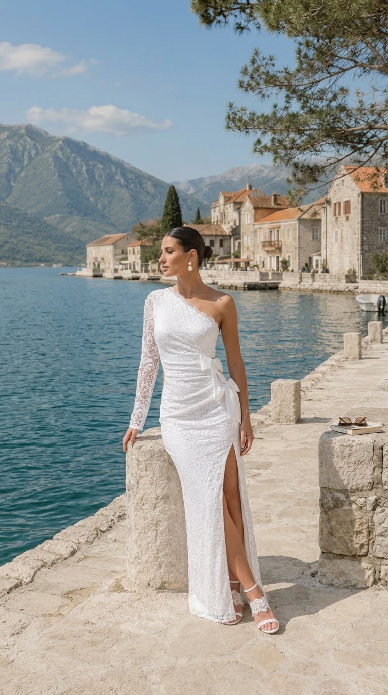 Norna | Vestido Largo de encaje blanco con escote asimétrico y detalles de corte y lazo