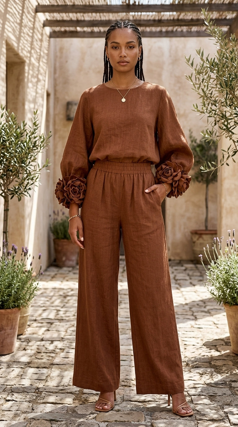 Rosa | Conjunto de Top con Puños Florales y Pantalones de Pierna Ancha