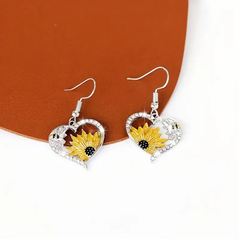 Pendientes boho de corazón con girasol y abeja