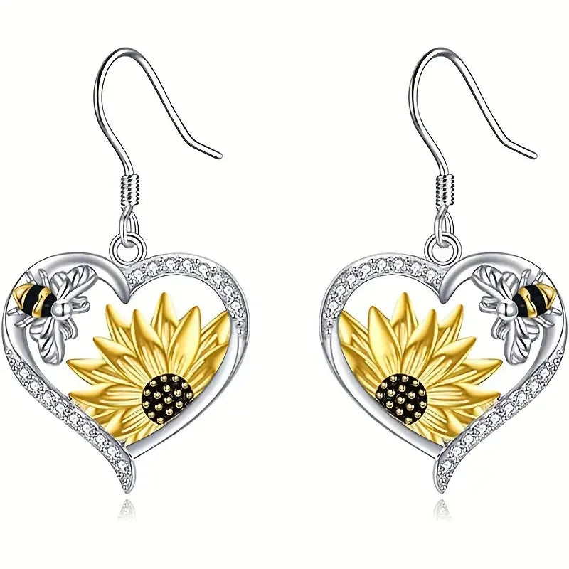 Pendientes boho de corazón con girasol y abeja