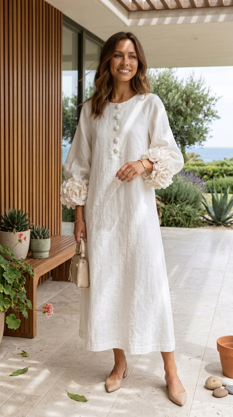 Magdalena | Vestido Estilo Francés con Flores 3D y Mangas Abullonadas