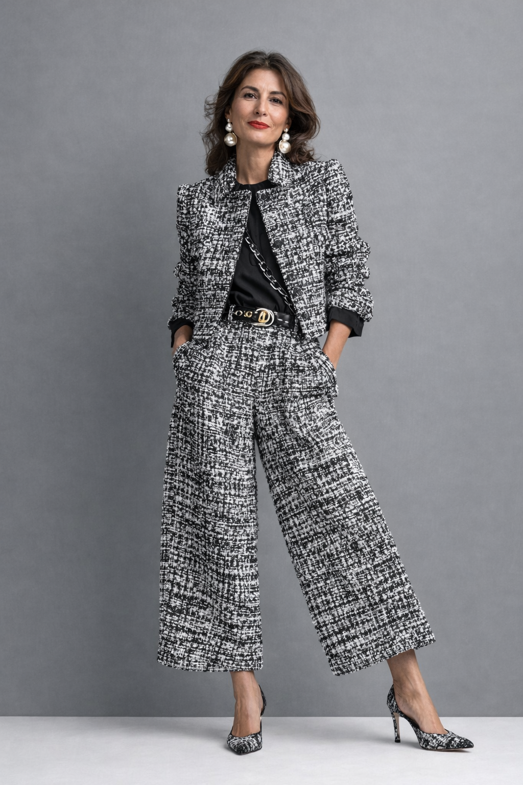 Irene | Conjunto de tweed con chaqueta y pantalón de pernera ancha
