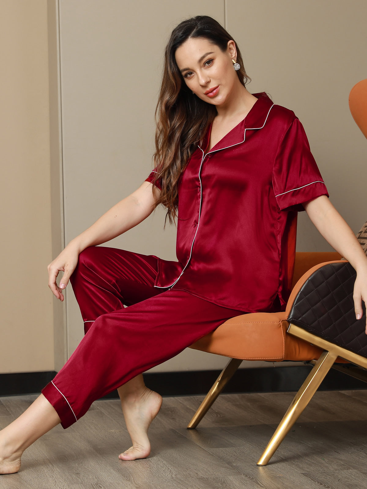 Conjunto de pijama de seda pura con ribete, 2 piezas