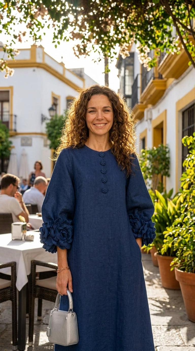 Magdalena | Vestido Estilo Francés con Flores 3D y Mangas Abullonadas