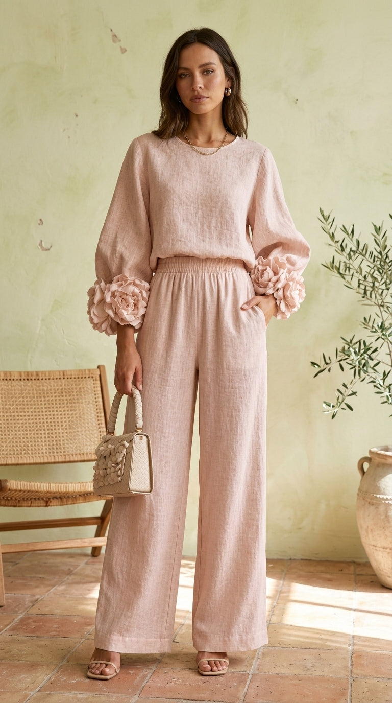 Rosa | Conjunto de Top con Puños Florales y Pantalones de Pierna Ancha