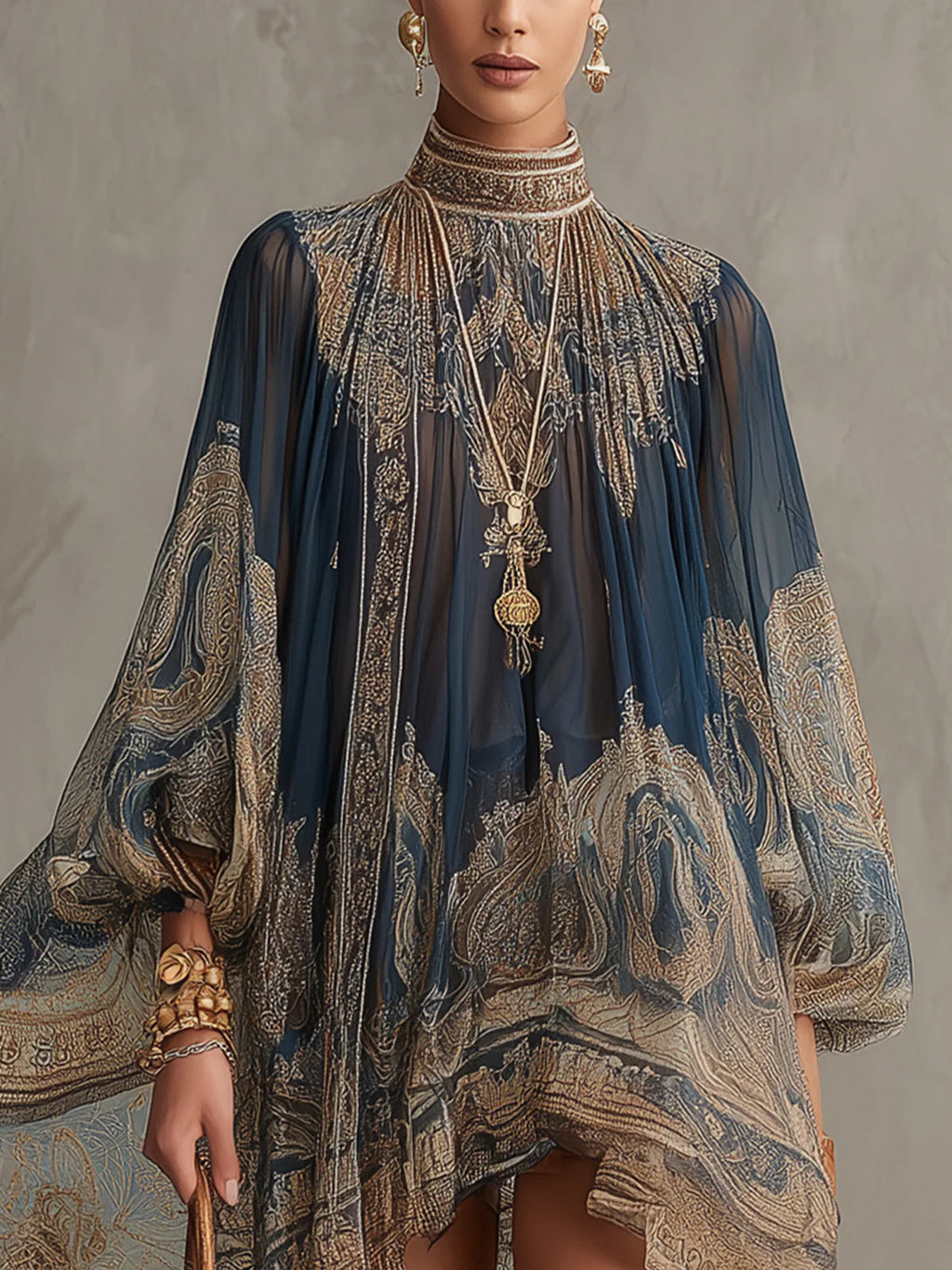 Marina | Minivestido de gasa con estampado barroco, cuello alto y bajo asimétrico en azul marino