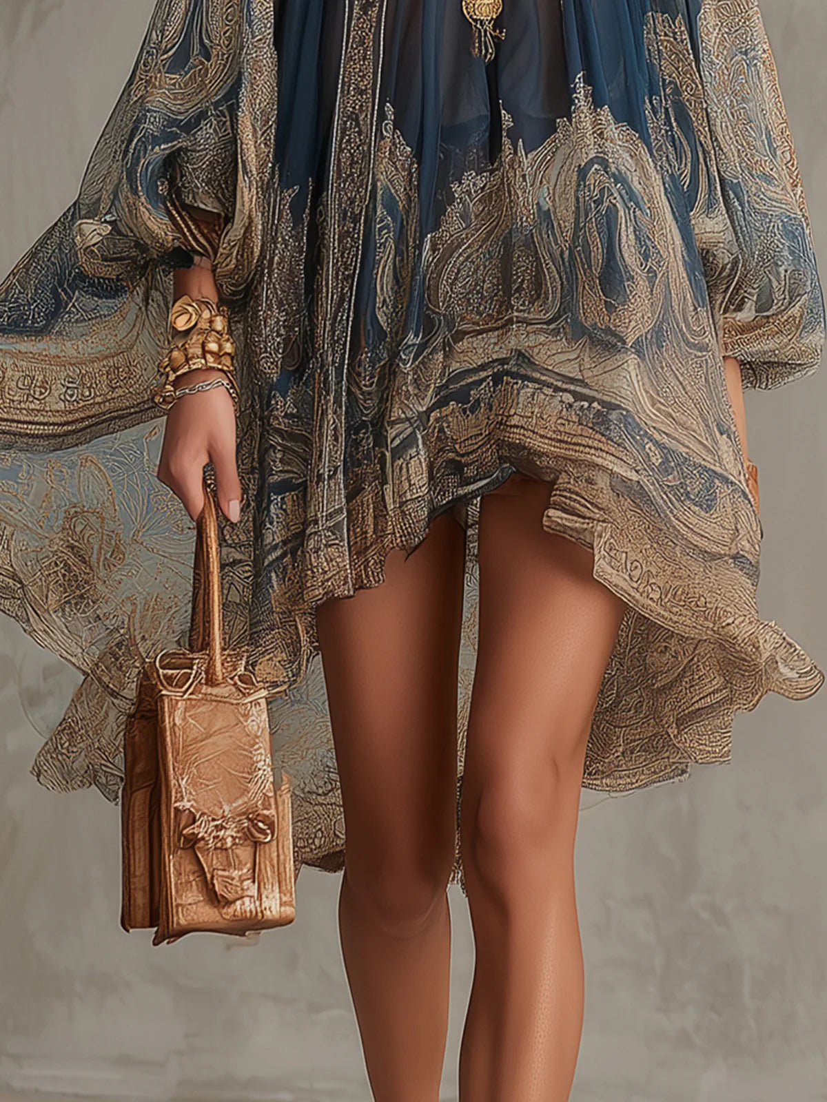 Marina | Minivestido de gasa con estampado barroco, cuello alto y bajo asimétrico en azul marino