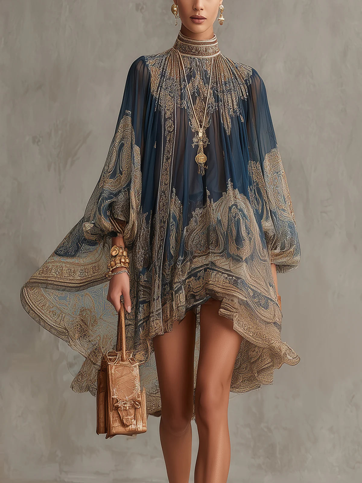 Marina | Minivestido de gasa con estampado barroco, cuello alto y bajo asimétrico en azul marino