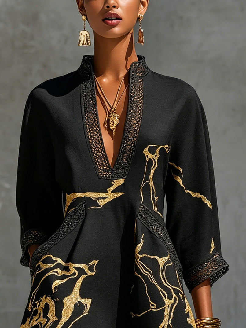 Donatella | Minivestido negro con estampado de mármol dorado y encaje de ganchillo