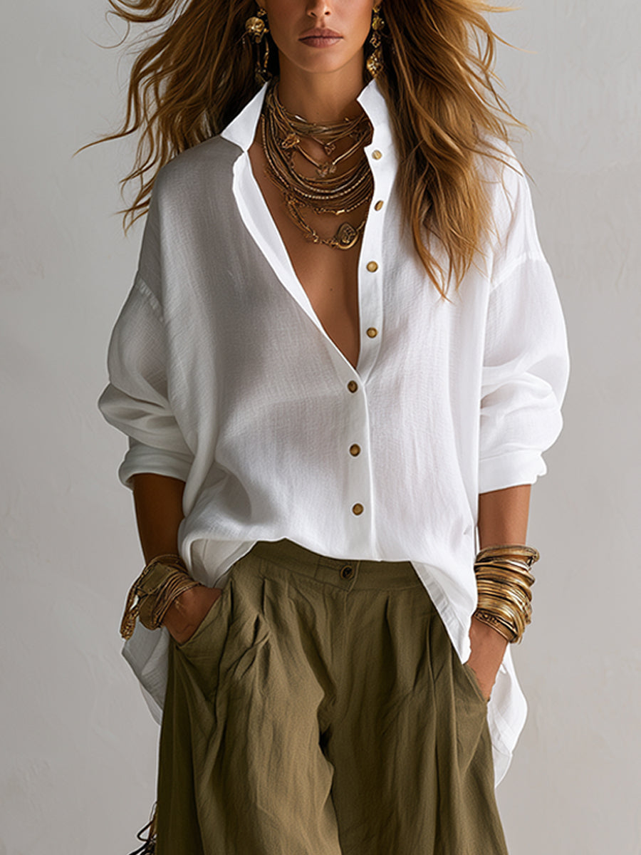Sara | Camisa blanca holgada y pantalón lantern verde oliva