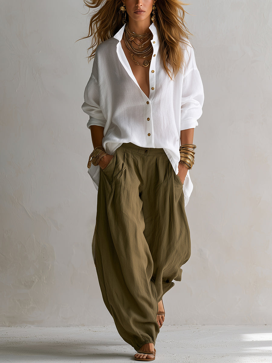 Sara | Camisa blanca holgada y pantalón lantern verde oliva