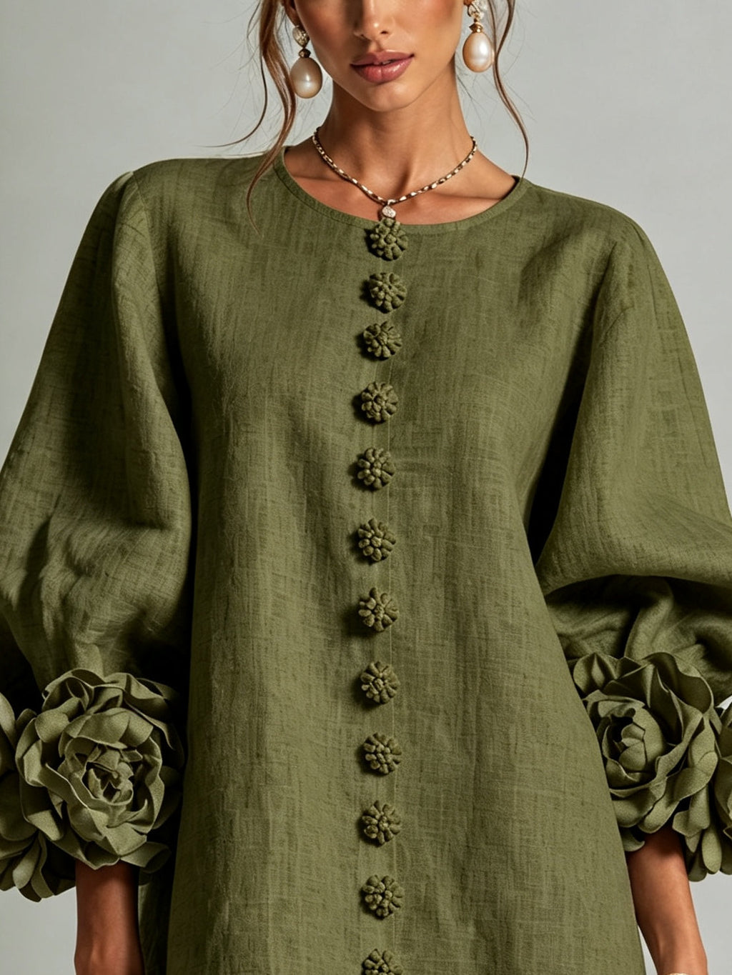 Dora - Minivestido camisero floral verde oliva con puños florales originales