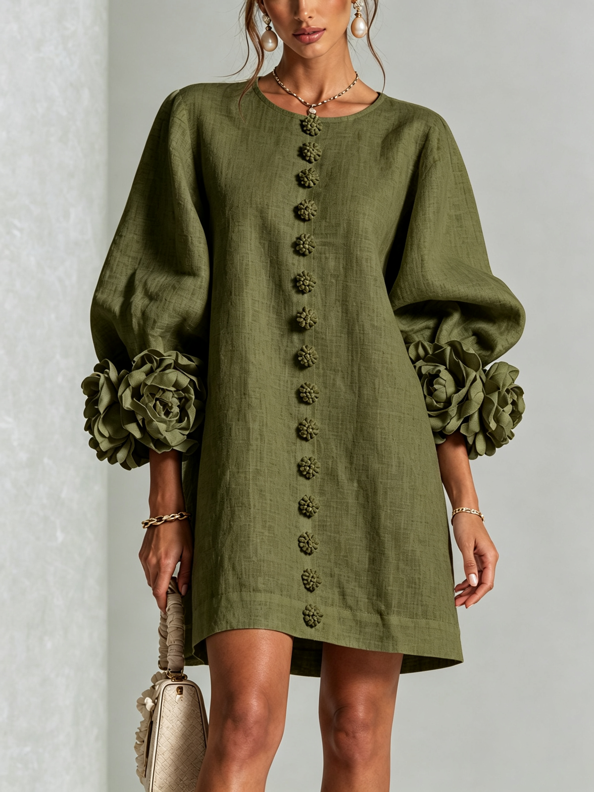 Dora - Minivestido camisero floral verde oliva con puños florales originales