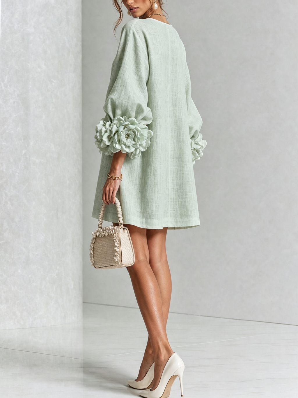 Belén - Minivestido blanco con botones florales y mangas florales extravagantes.