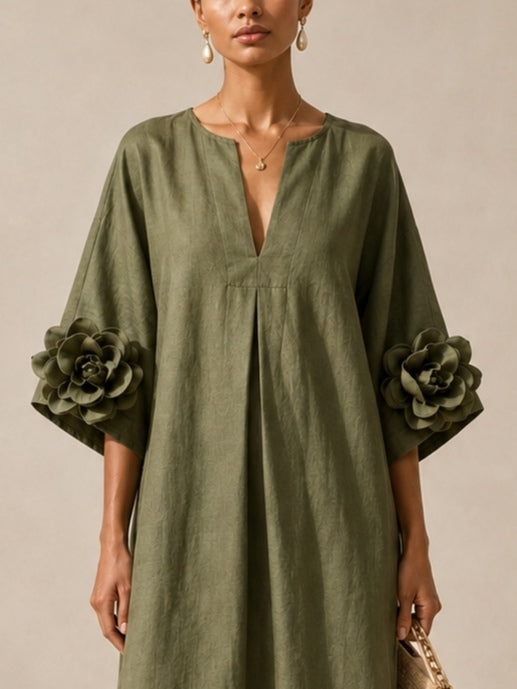 Livia | Vestido midi verde oliva con escote en V y mangas con estampado floral original