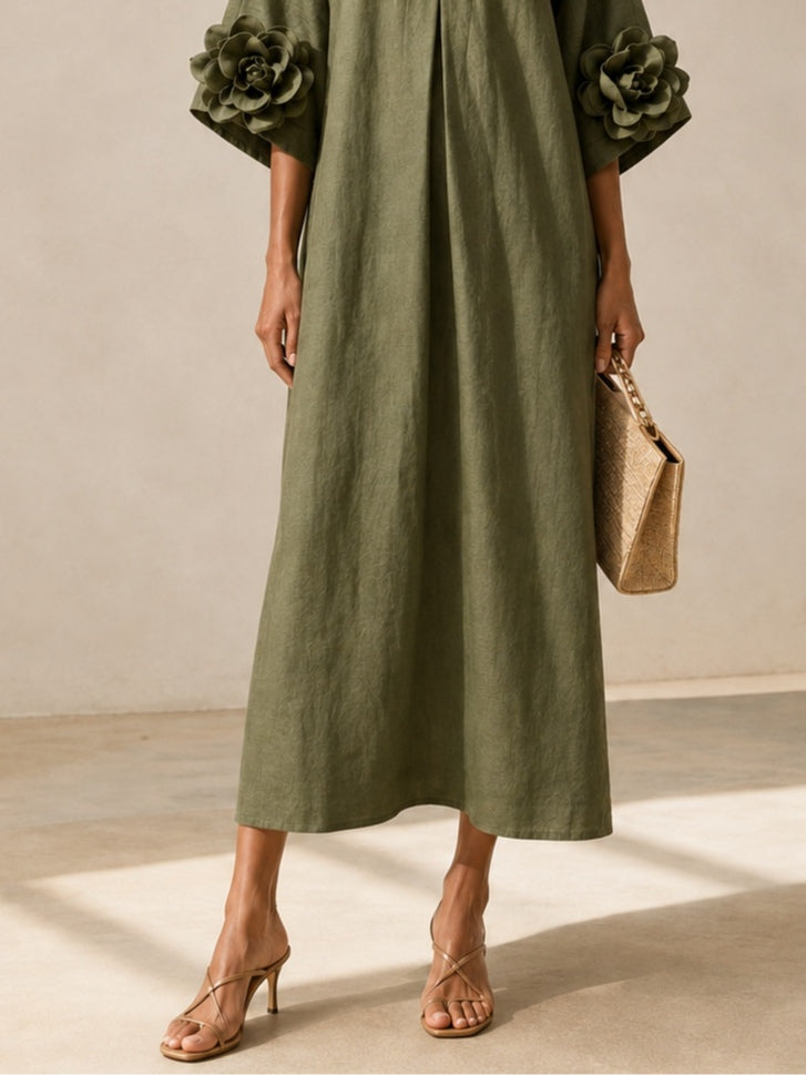 Livia | Vestido midi verde oliva con escote en V y mangas con estampado floral original