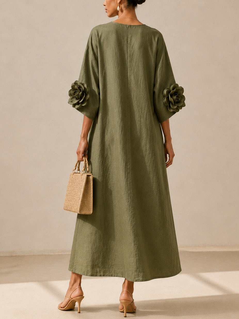 Livia | Vestido midi verde oliva con escote en V y mangas con estampado floral original