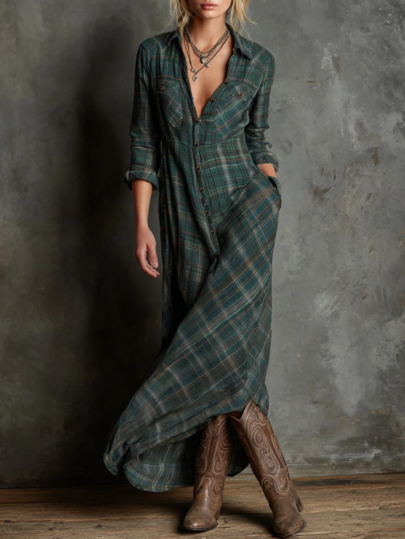 Daniela | Vestido camisero largo de cuadros vichy verde