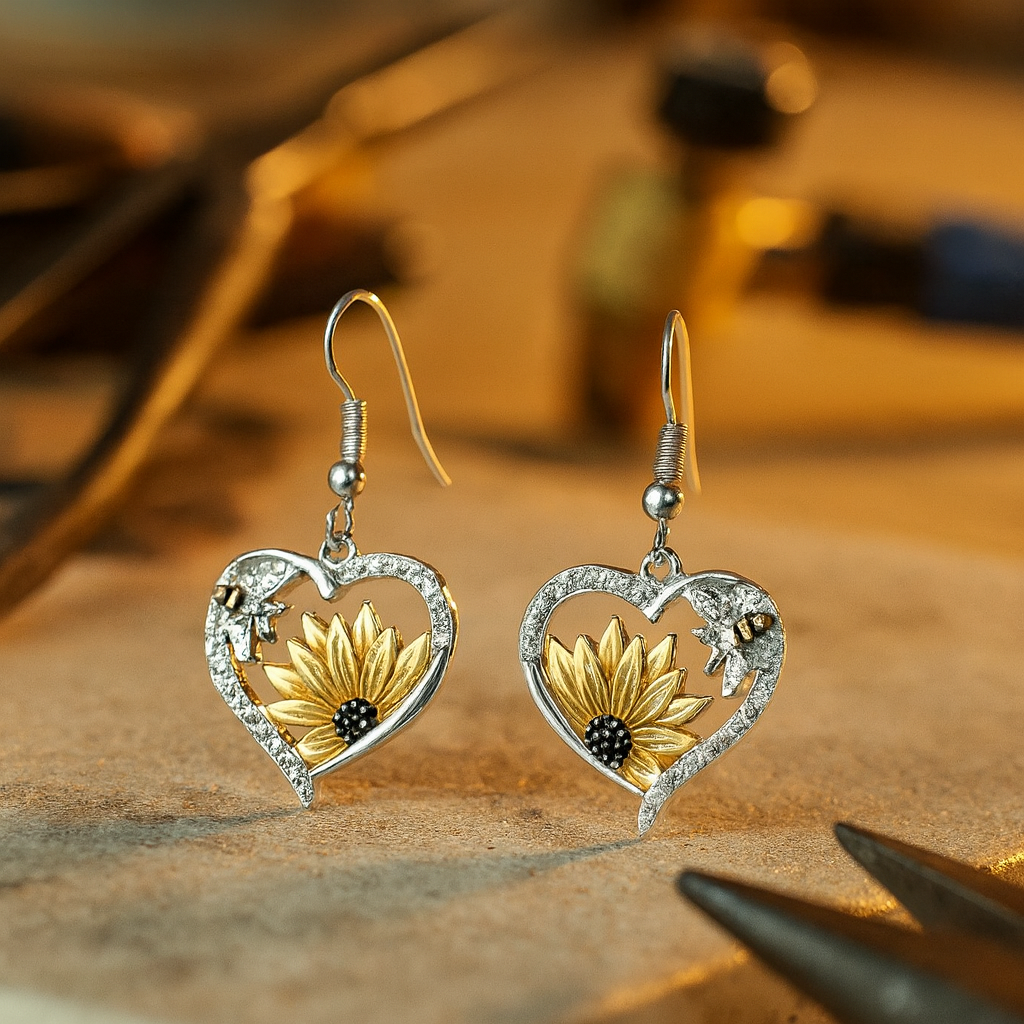 Pendientes boho de corazón con girasol y abeja
