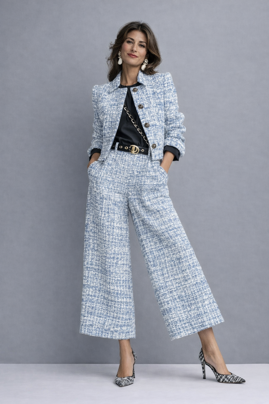 Irene | Conjunto de tweed con chaqueta y pantalón de pernera ancha