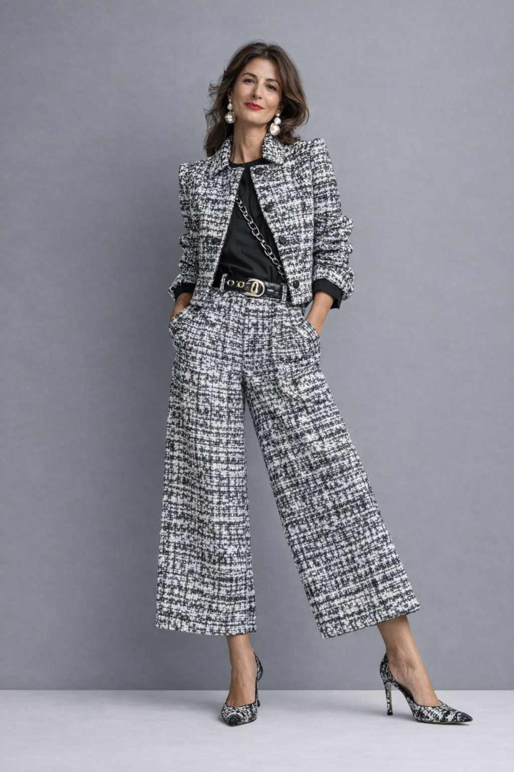 Irene | Conjunto de tweed con chaqueta y pantalón de pernera ancha