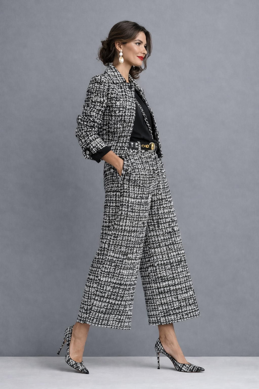 Irene | Conjunto de tweed con chaqueta y pantalón de pernera ancha