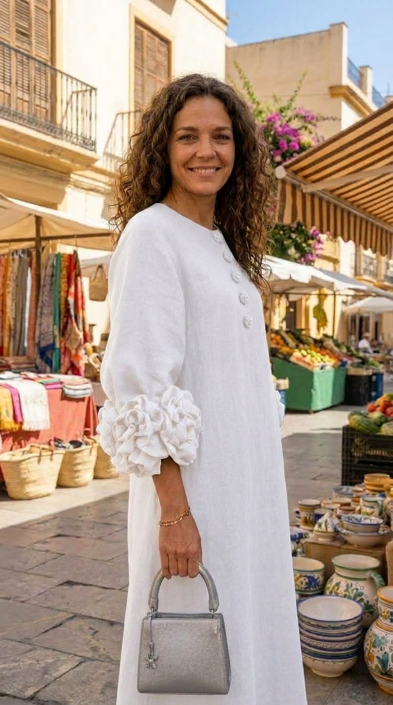 Magdalena | Vestido Estilo Francés con Flores 3D y Mangas Abullonadas