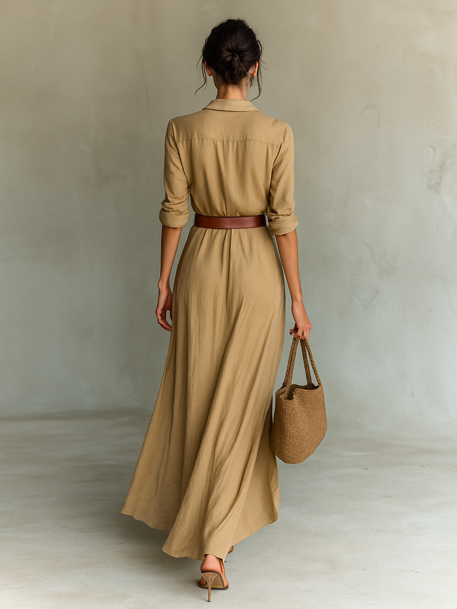 AITANA | VESTIDO LARGO CON CUELLO DE SOLAPA Y MANGAS LARGAS PARA MUJER