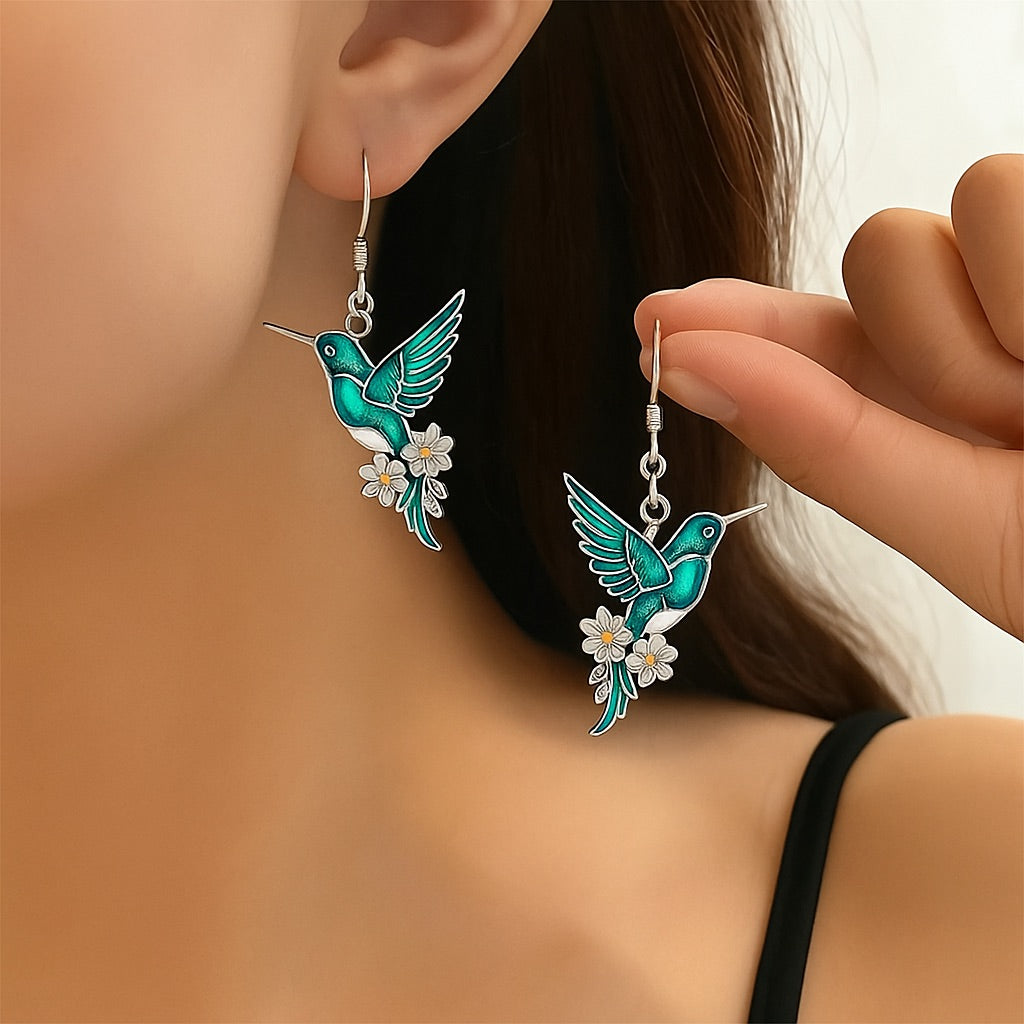 Collar de colibrí en plata con pendientes