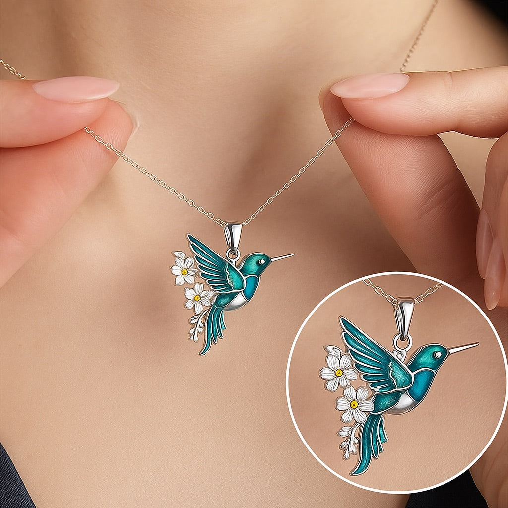 Collar de colibrí en plata con pendientes