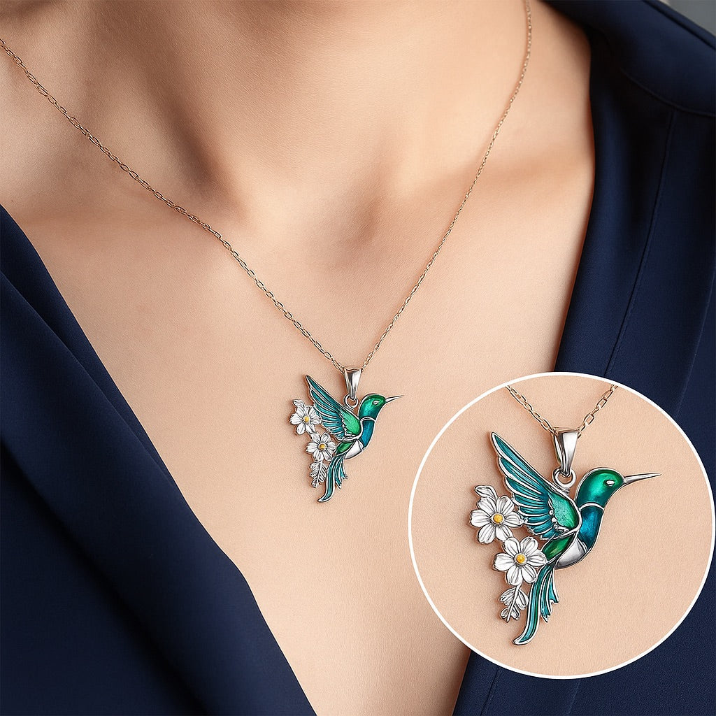 Collar de colibrí en plata con pendientes