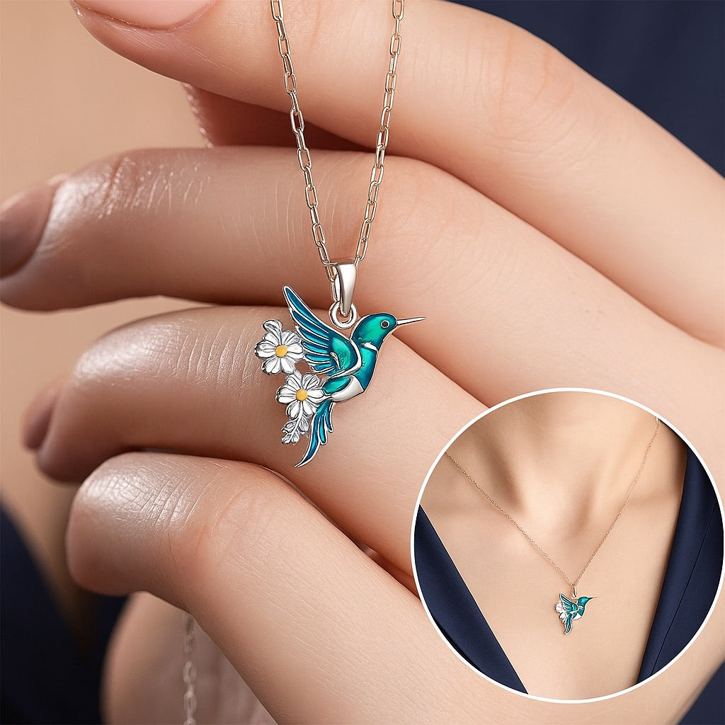 Collar de colibrí en plata con pendientes