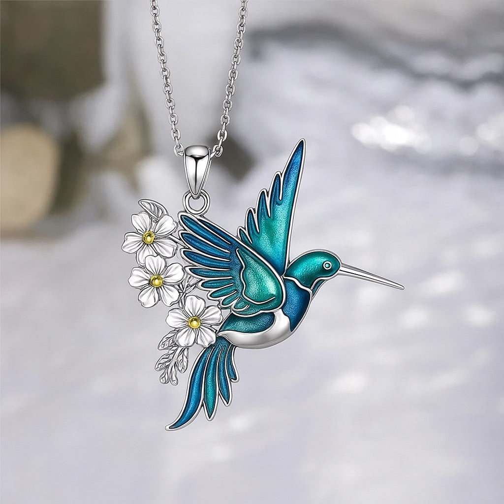 Collar de colibrí en plata con pendientes