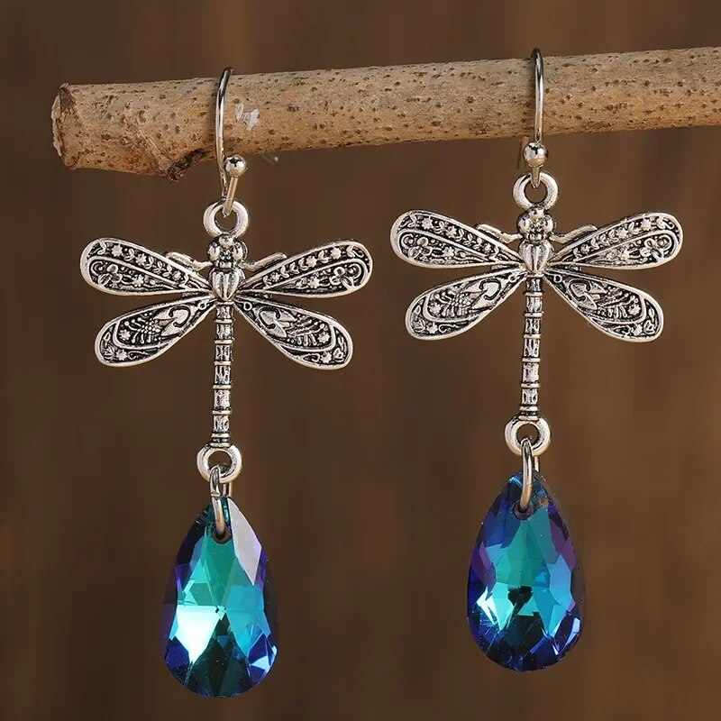 Pendientes vintage de libélula en circón azul