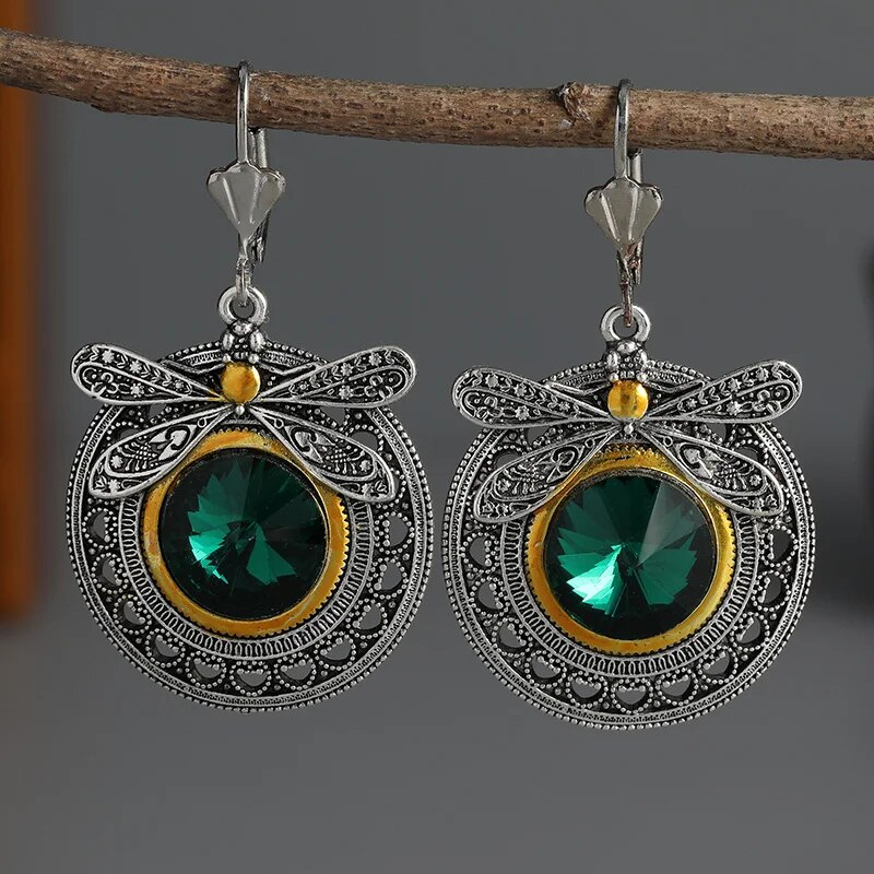 Pendientes vintage de libélula en circón verde