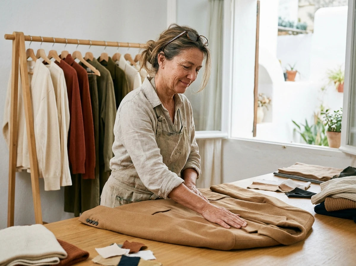 Revisando a mano las costuras de un blazer camel en nuestro taller