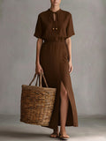 Serena | Vestido largo minimal chic con abertura y detalle anudado al cuello