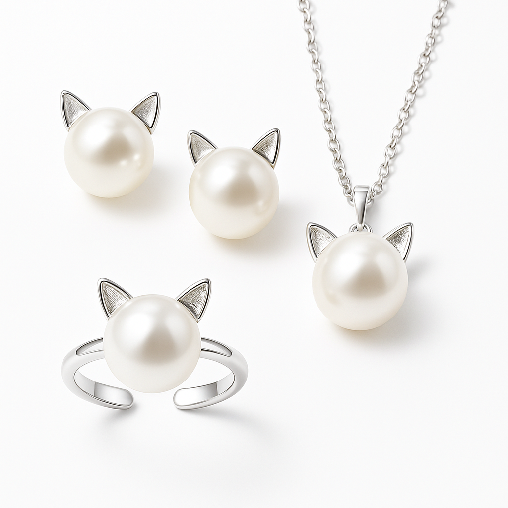 Collar de perla con gato — conjunto