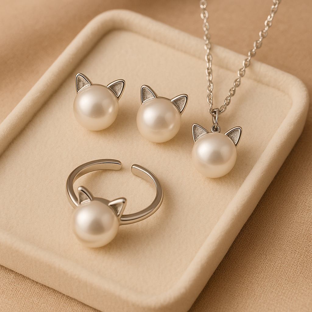 Collar de perla con gato — conjunto