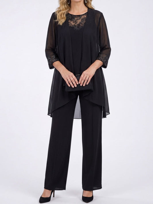 Prisca | Conjunto de tres piezas con chaqueta de gasa y pantalón de pierna ancha