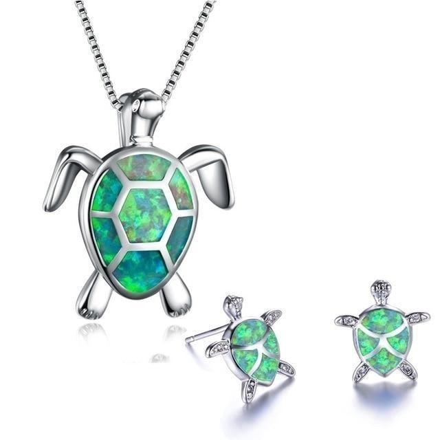 Collar y pendientes de tortuga marina en ópalo y plata