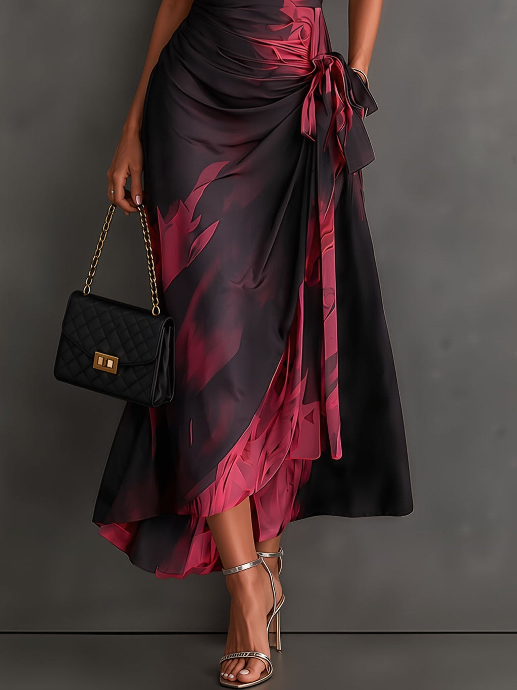 Ainhoa | Vestido midi cruzado con estampado abstracto rojo y negro