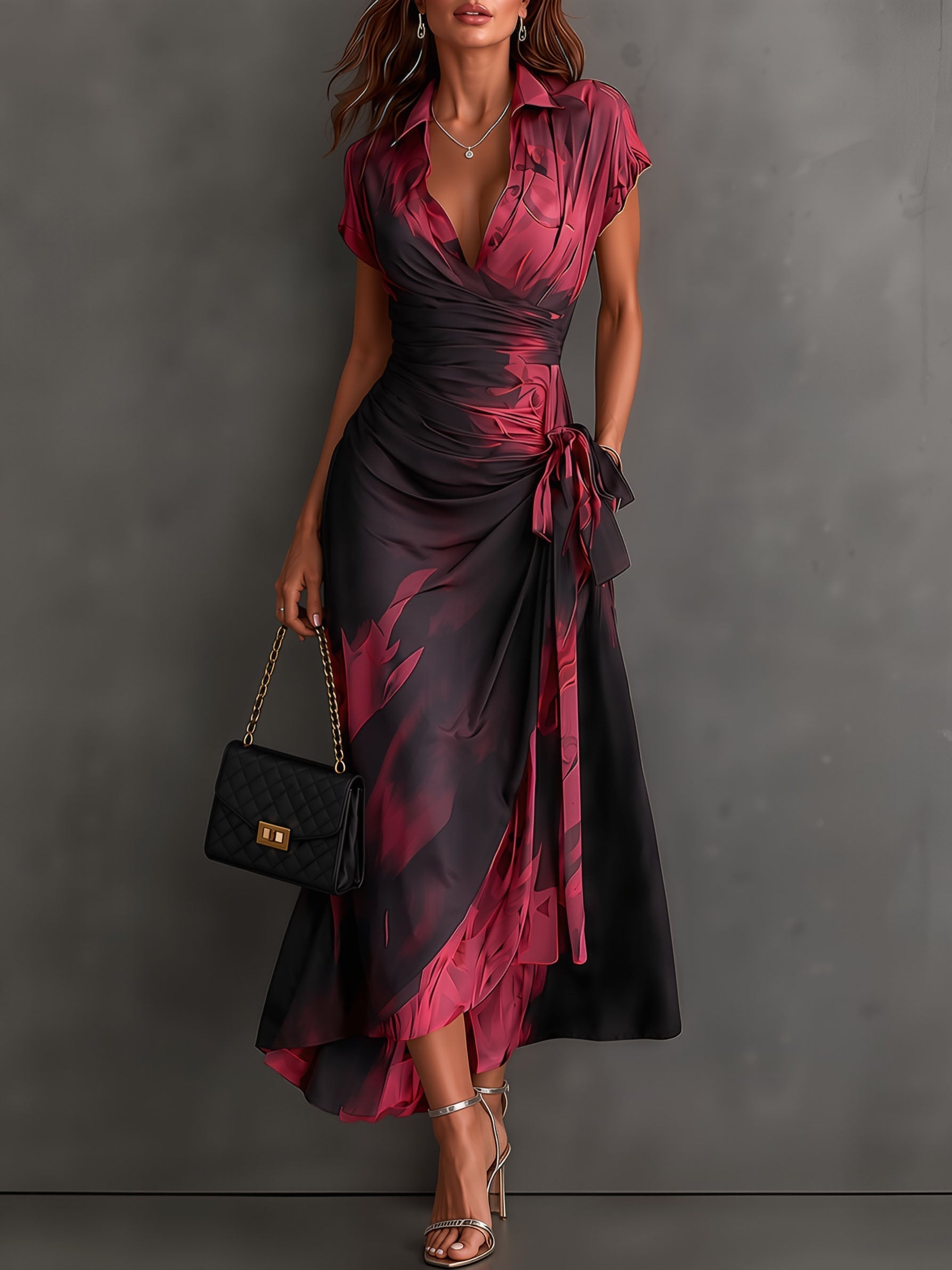 Ainhoa | Vestido midi cruzado con estampado abstracto rojo y negro