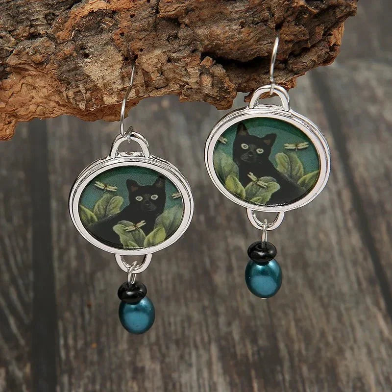 Pendientes vintage de gato negro