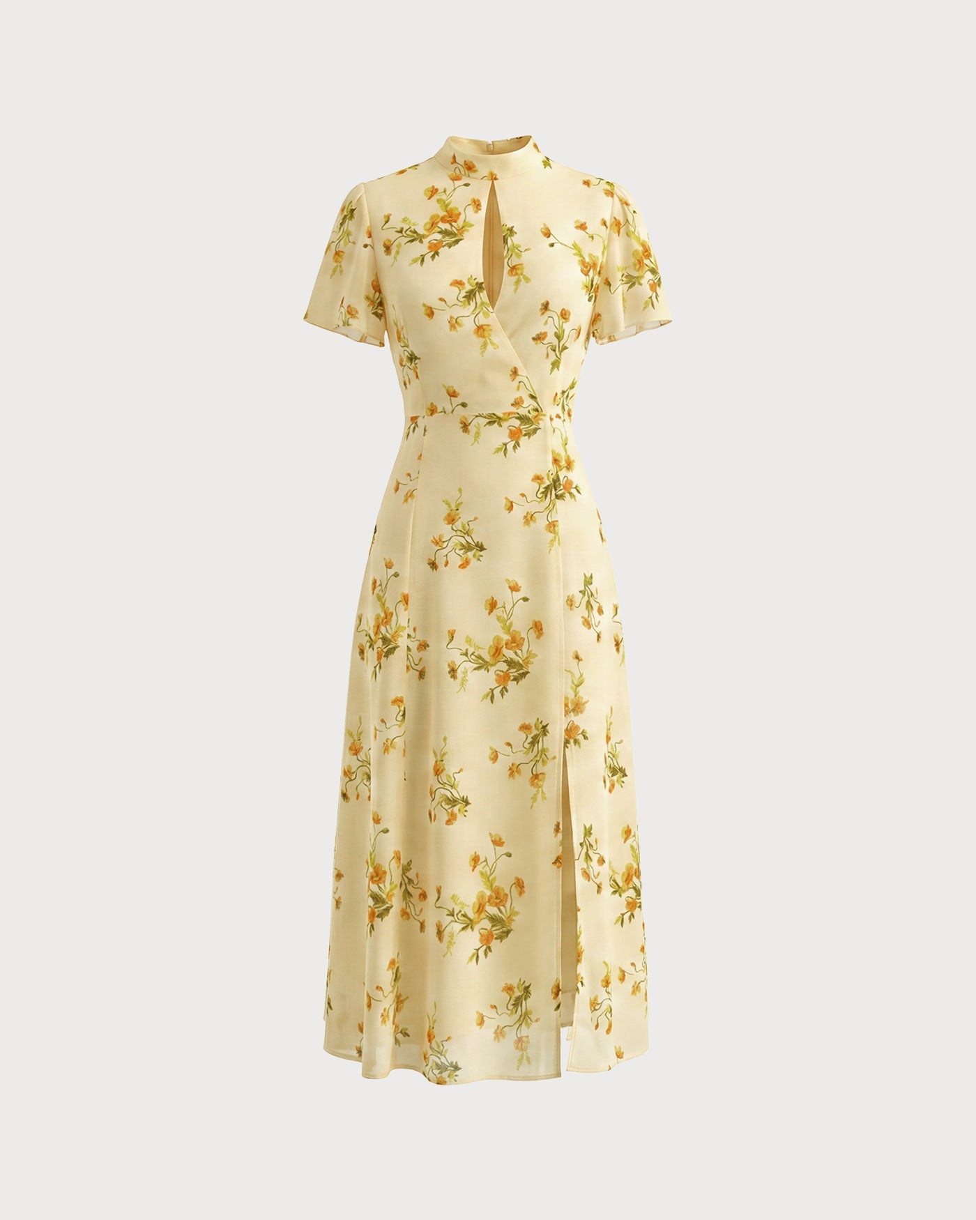 Mariela | Vestido Midi Amarillo Con Estampado Floral, Cuello Alto Y Manga Mariposa