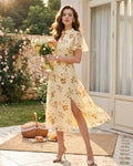 Mariela | Vestido Midi Amarillo Con Estampado Floral, Cuello Alto Y Manga Mariposa