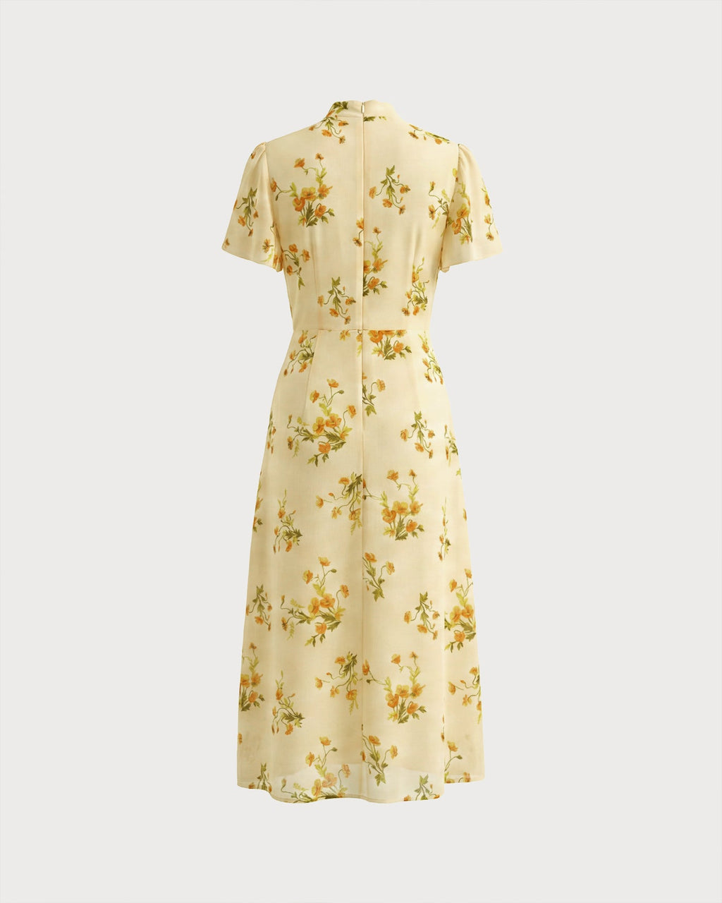 Mariela | Vestido Midi Amarillo Con Estampado Floral, Cuello Alto Y Manga Mariposa