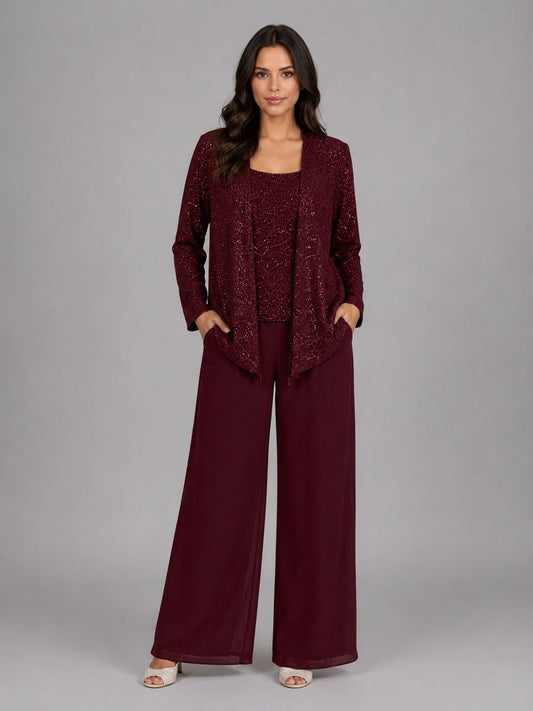 Zelinda | Conjunto de tres piezas con chaqueta abierta de lentejuelas, top y pantalón de pierna ancha