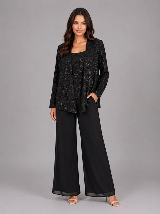 Zelinda | Conjunto de tres piezas con chaqueta abierta de lentejuelas, top y pantalón de pierna ancha